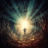 Fototapeta Do akwarium - Man in dark tunnel with light rays coming from the end of tunnel