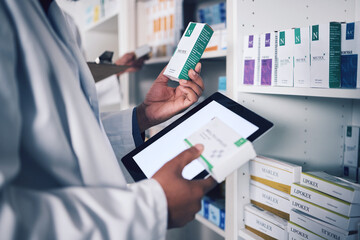 Poster - Pharmacist, tablet and hands for inventory inspection, box or medication on shelf at the pharmacy. Man, medical or healthcare professional checking stock, pills or medicine for storage at drugstore