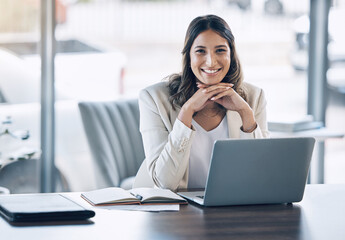 Poster - Attorney, portrait and laptop in office consulting, legal planning or policy review feedback in corporate law firm. Smile, happy and lawyer woman on technology in case research or schedule management