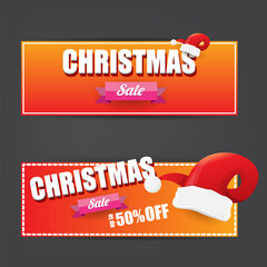 Wall Mural - vector Christmas sales paper banner or tag label with red santa hat on grey christmas background. Red winter Christmas sale poster, banner, social media post design template and background