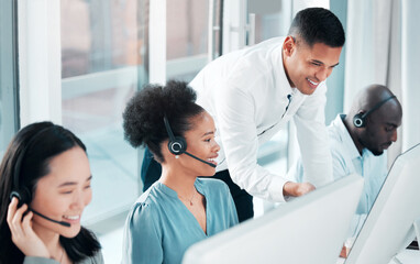 Sticker - Training, help and people in telemarketing at a call center, online consulting and support. Contact us, advice and a manager helping customer service workers with digital client communication