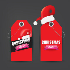 Wall Mural - vector Christmas sales paper banner or tag label with red santa hat on grey christmas background. Red winter Christmas sale poster, banner, social media post design template and background