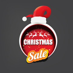 Wall Mural - vector Christmas sales paper banner or tag label with red santa hat on grey christmas background. Red winter Christmas sale poster, banner, social media post design template and background