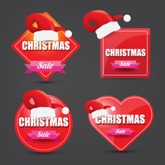 Wall Mural - vector Christmas sales paper banner or tag label with red santa hat on grey christmas background. Red winter Christmas sale poster, banner, social media post design template and background