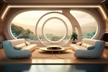 Video conference futuristic living room, zoom background, Generative AI