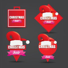 Wall Mural - vector Christmas sales paper banner or tag label with red santa hat on grey christmas background. Red winter Christmas sale poster, banner, social media post design template and background