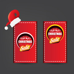 Wall Mural - vector Christmas sales paper banner or tag label with red santa hat on grey christmas background. Red winter Christmas sale poster, banner, social media post design template and background