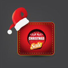 Wall Mural - vector Christmas sales paper banner or tag label with red santa hat on grey christmas background. Red winter Christmas sale poster, banner, social media post design template and background