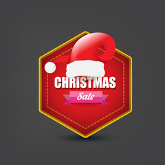 Wall Mural - vector Christmas sales paper banner or tag label with red santa hat on grey christmas background. Red winter Christmas sale poster, banner, social media post design template and background