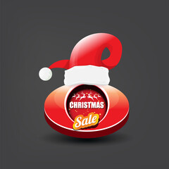 Wall Mural - vector Christmas sales paper banner or tag label with red santa hat on grey christmas background. Red winter Christmas sale poster, banner, social media post design template and background