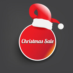 Wall Mural - vector Christmas sales paper banner or tag label with red santa hat on grey christmas background. Red winter Christmas sale poster, banner, social media post design template and background