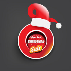 Wall Mural - vector Christmas sales paper banner or tag label with red santa hat on grey christmas background. Red winter Christmas sale poster, banner, social media post design template and background
