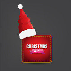 Wall Mural - vector Christmas sales paper banner or tag label with red santa hat on grey christmas background. Red winter Christmas sale poster, banner, social media post design template and background