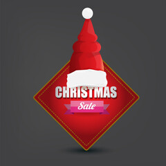Wall Mural - vector Christmas sales paper banner or tag label with red santa hat on grey christmas background. Red winter Christmas sale poster, banner, social media post design template and background
