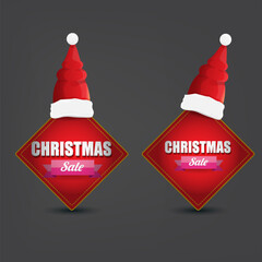 Wall Mural - vector Christmas sales paper banner or tag label with red santa hat on grey christmas background. Red winter Christmas sale poster, banner, social media post design template and background