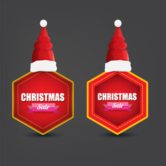 Wall Mural - vector Christmas sales paper banner or tag label with red santa hat on grey christmas background. Red winter Christmas sale poster, banner, social media post design template and background
