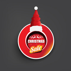 Wall Mural - vector Christmas sales paper banner or tag label with red santa hat on grey christmas background. Red winter Christmas sale poster, banner, social media post design template and background