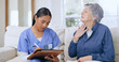 Nurse, writing and elderly woman with neck pain, throat cancer and sick from medical infection, virus or thyroid. Home service, problem and caregiver with medical survey notes, assessment or report