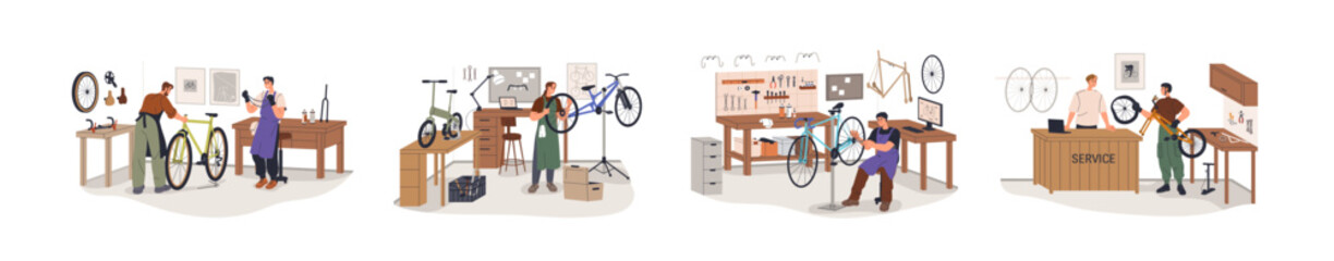 Poster - Bicycle repair service set. Mechanics fixing bikes at workshops. Repairmen, workers pumping tires, works with cycle chain, wheel puncture. Flat vector illustrations isolated on white background