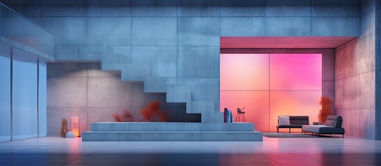 Poster - Minimalist house with colorful neon lighting featuring abstract architectural concrete interior Illustrated and rendered with AI