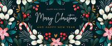 Christmas Banner With Ornaments Of Branches, Berries And Leaves. Card With Holiday Greetings.