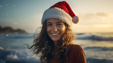 Smiling girl in santa claus hat on ocean beach