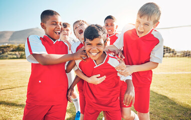 Wall Mural - Soccer, winner or happy team of children for success, goal or celebration in game or competition on soccer field. Football, sport boy or athlete kids in training workout, teamwork exercise or support