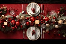 Christmas Table Setting With Dishware, Silverware And Decorations On Festive Table.