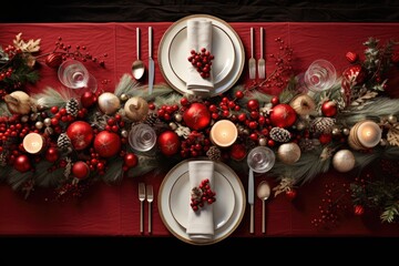 Christmas table setting with dishware, silverware and decorations on festive table.