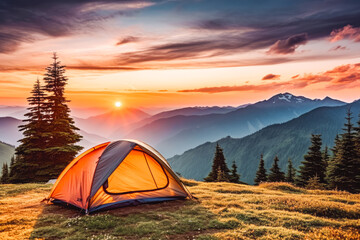 Wall Mural - Camping tent surrounded by stunning nature in the mountains with beautiful sunset in the background, nature lover, adventure camping