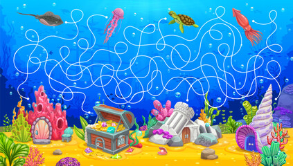 Poster - Underwater labyrinth maze, help to animals find own house building, vector puzzle game. Cartoon jellyfish, turtle and stingray with squid to find way to sea or ocean dwellings in underwater labyrinth