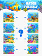 Match the half of underwater landscape. Figure fragment search vector game, kids puzzle quiz or block connect riddle worksheet with submarine on ocean bottom, treasure chest sea animals and corals