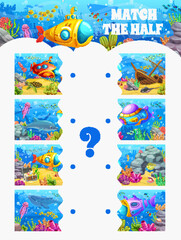 Poster - Match the half of underwater landscape. Figure fragment search vector game, kids puzzle quiz or block connect riddle worksheet with submarine on ocean bottom, treasure chest sea animals and corals