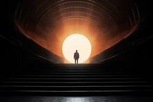 Silhouette Of A Man Walking Up The Stairs Towards The Sun
