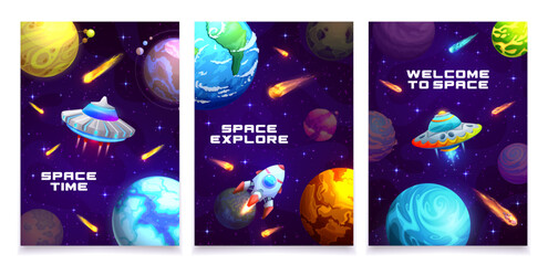 Poster - Cartoon galaxy space posters. Vector cards with alien ufo saucers, rockets, planets and asteroids in fantasy cosmic world with celestial objects. Spacecrafts expedition adventure in starry universe
