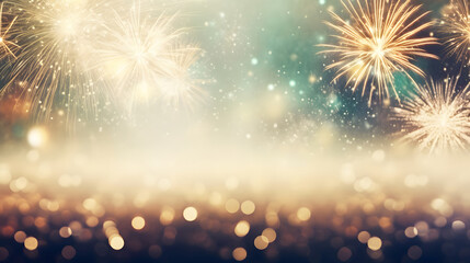 Wall Mural - Vintage gold and green Fireworks and bokeh in New Year eve and copy space. Abstract background holiday