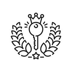 Aufkleber - Keyword key with crown and laurel wreath, seo and words search isolated outline icon. Vector meta data traffic, media content information, keyword ranking