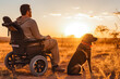 Young man with disability on a wheelchair with his service dog right beside him with sunset in background, medical service dog with owner