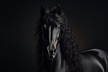 Wall Mural - Portrait of a black beautiful stallion on a dark background.black horse close-up with space for text