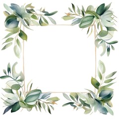 square frame of watercolor tropical green leaves on white background