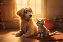 Labrador Retriever Puppy And A Kitten Sitting On The Floor In The Morning Light In Cartoon Style. Animal Friendship.