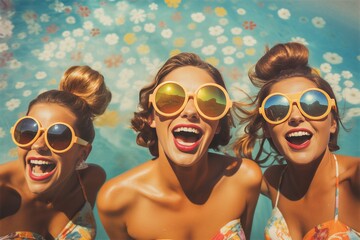 Portrait of three fashion trendy happy sexy girl swimming in the pool, bright sunglasses, colorful swimwear, carefree day, pool party