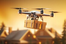 Delivery By Drone. Multicopter Delivering A Package To A Customer Mail.
