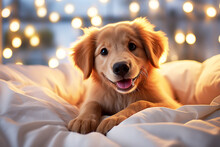 Portrait Of A Domestic Red Dog With Garlands At Christmas,the Happy Dog Lay Down On A Soft,warm Bed