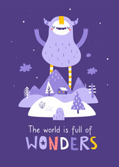 Wall Mural - print with cute yeti rises above the mountain valley. scandinavian poster with abstract funny monste