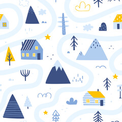 Wall Mural - scandinavian winter landscape pattern. seamless vector print with nordic map for kids carpet.