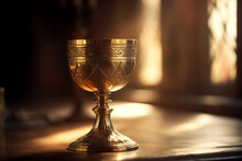 Golden Chalice Of Wine On Blurred Sunlight Curch Background.  Generative AI.