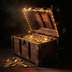 Treasure chest full of gold coins on dark background