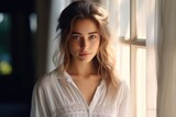 Fototapeta Młodzieżowe - Close-up portrait of a beautiful woman in a white shirt, soft light from the window