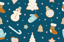Winter Seamless Patterns With Gingerbread Cookies. Awesome Holiday Vector Background. Christmas Repeating Texture For Surface Design, Wallpapers, Fabrics, Wrapping Paper Etc.